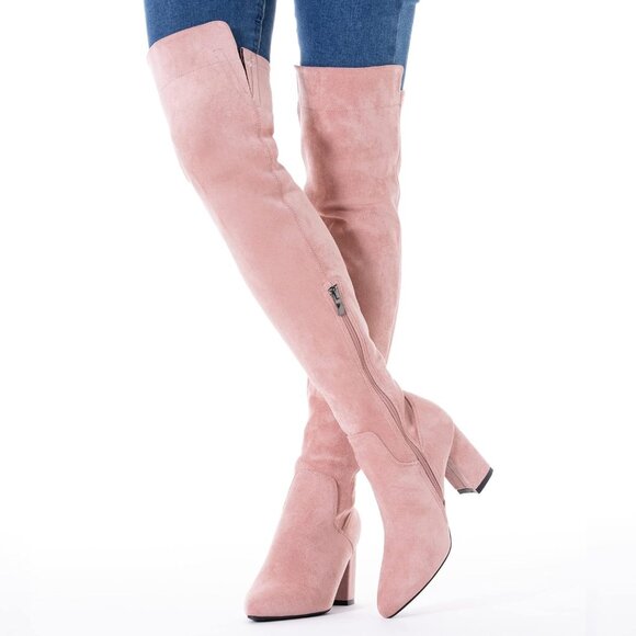 Women Pink/3 Inch Heel Faux Suede Over The Knee Thigh High Low Block Heel Boot - Picture 6 of 6
